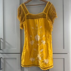 Free People Crochet‎ Fringe Dress Yellow Embroidered Floral Cotton Blend size 12
